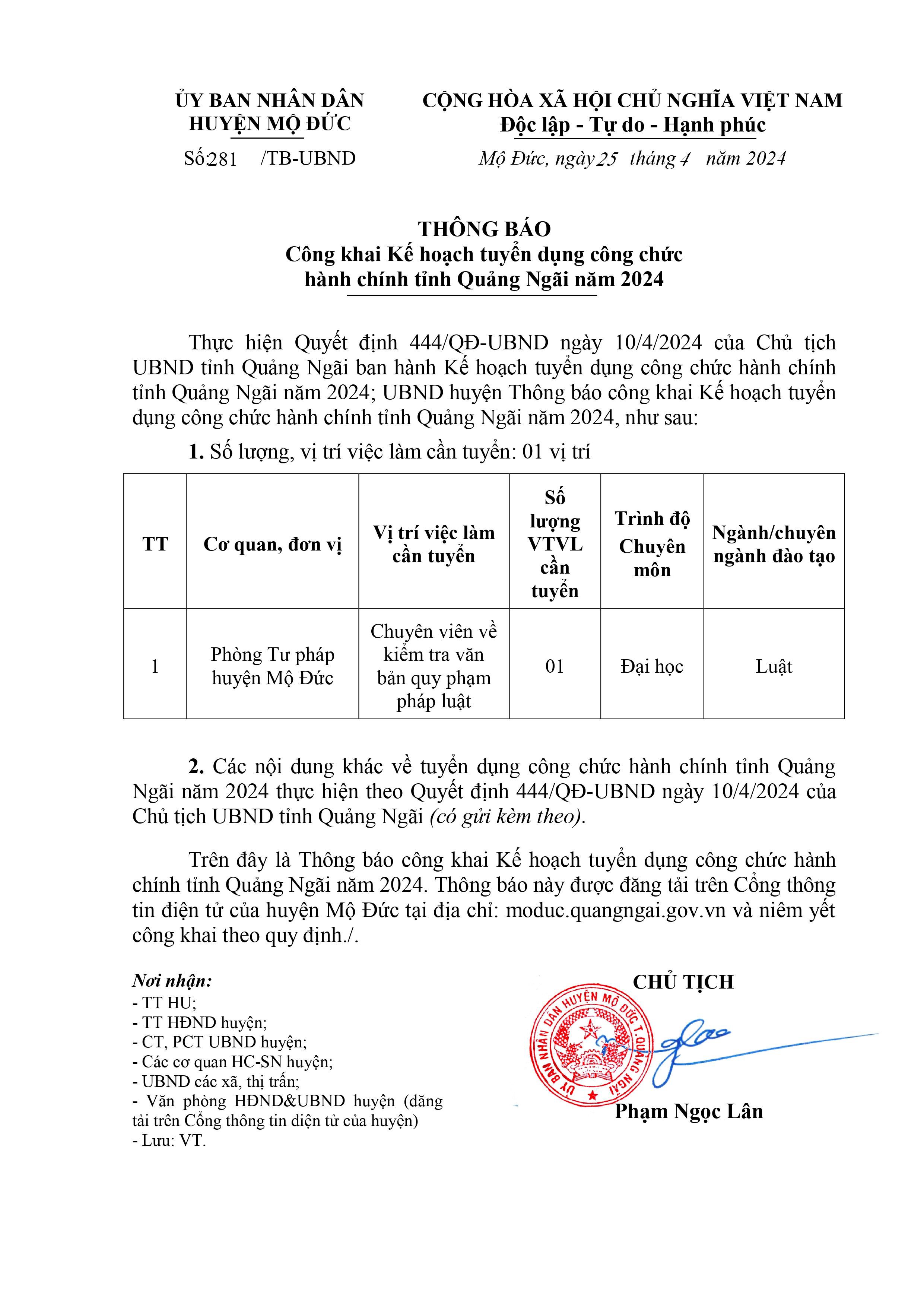 THÔNG BÁO Công khai Kế hoạch tuyển dụng công chức hành chính tỉnh Quảng Ngãi năm 2024
