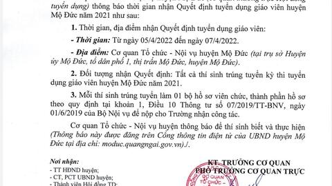 Thông báo thời gian nhận Quyết định tuyển dụng giáo viên năm 2021