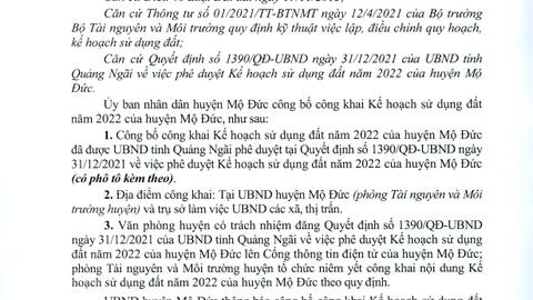 Thông báo: Công bố công khai Kế hoạch sử dụng đất năm 2022 của huyện Mộ Đức