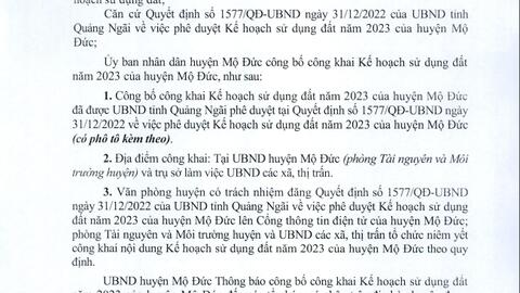 Thông báo: Công bố công khai Kế hoạch sữ dụng đất năm 2023 của huyện Mộ Đức