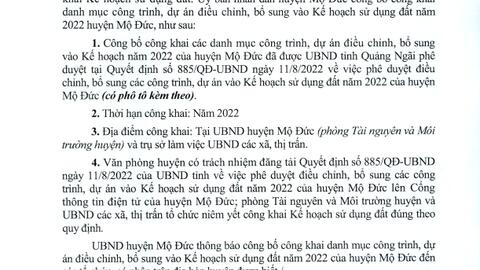 Thông báo: Công bố công khai danh mục công trình, dự án điều chỉnh, bổ sung vào Kế hoạch sữ dụng đất nam 2022 của huyện Mộ Đức