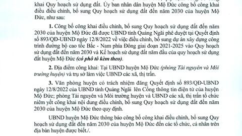 Thông báo: Công bố công khai điều chỉnh, bổ sung Quy hoạch sữ dụng đất đến năm 2030 của huyện Mộ Đức