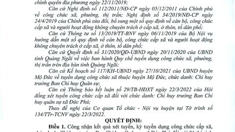 Quyết Định: Về việc phê duyệt kết quả xét tuyển công chức chức cấp xã, chức danh: Chỉ huy trưởng Ban chỉ huy Quân sự xã Đức phú, huyện Mộ Đức