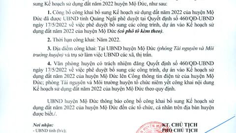 Thông báo: Công bố công khai bổ sung Kế hoách sữ dụng đât năm 2022 của huyện Mộ Đức