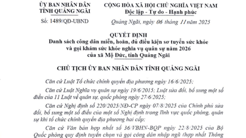 UBND tỉnh Quảng Ngãi ban hành Quyết định về công dân đủ điều kiện, tạm hoãn và miễn gọi nhập ngũ năm 2026 tại xã Mộ Đức