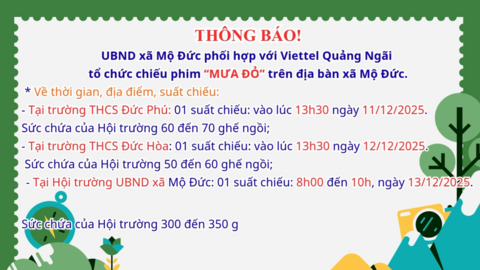 🎥THÔNG BÁO: Tổ chức chiếu phim “MƯA ĐỎ” trên địa bàn xã Mộ Đức