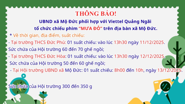 🎥THÔNG BÁO: Tổ chức chiếu phim “MƯA ĐỎ” trên địa bàn xã Mộ Đức