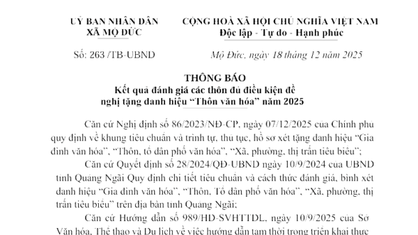 Thông báo: Kết quả đánh giá các thôn đủ điều kiện đề nghị tặng danh hiệu “Thôn văn hóa” năm 2025